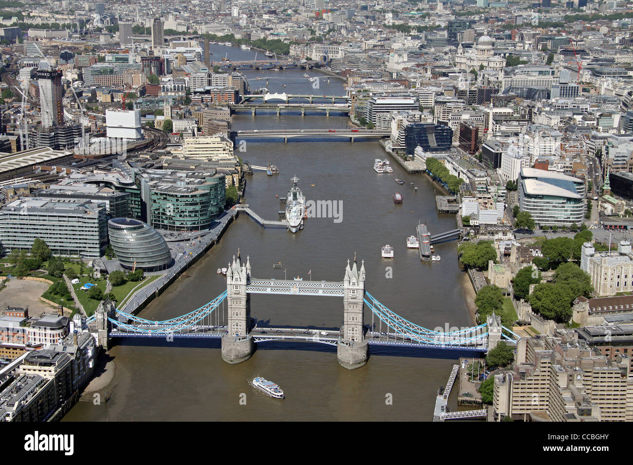 Aerial view of London looking west along the Thames from Tower Bridge Stock Photo