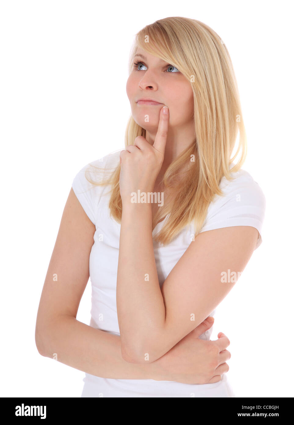 Teenage girl deliberates a decision. All on white background. Stock Photo