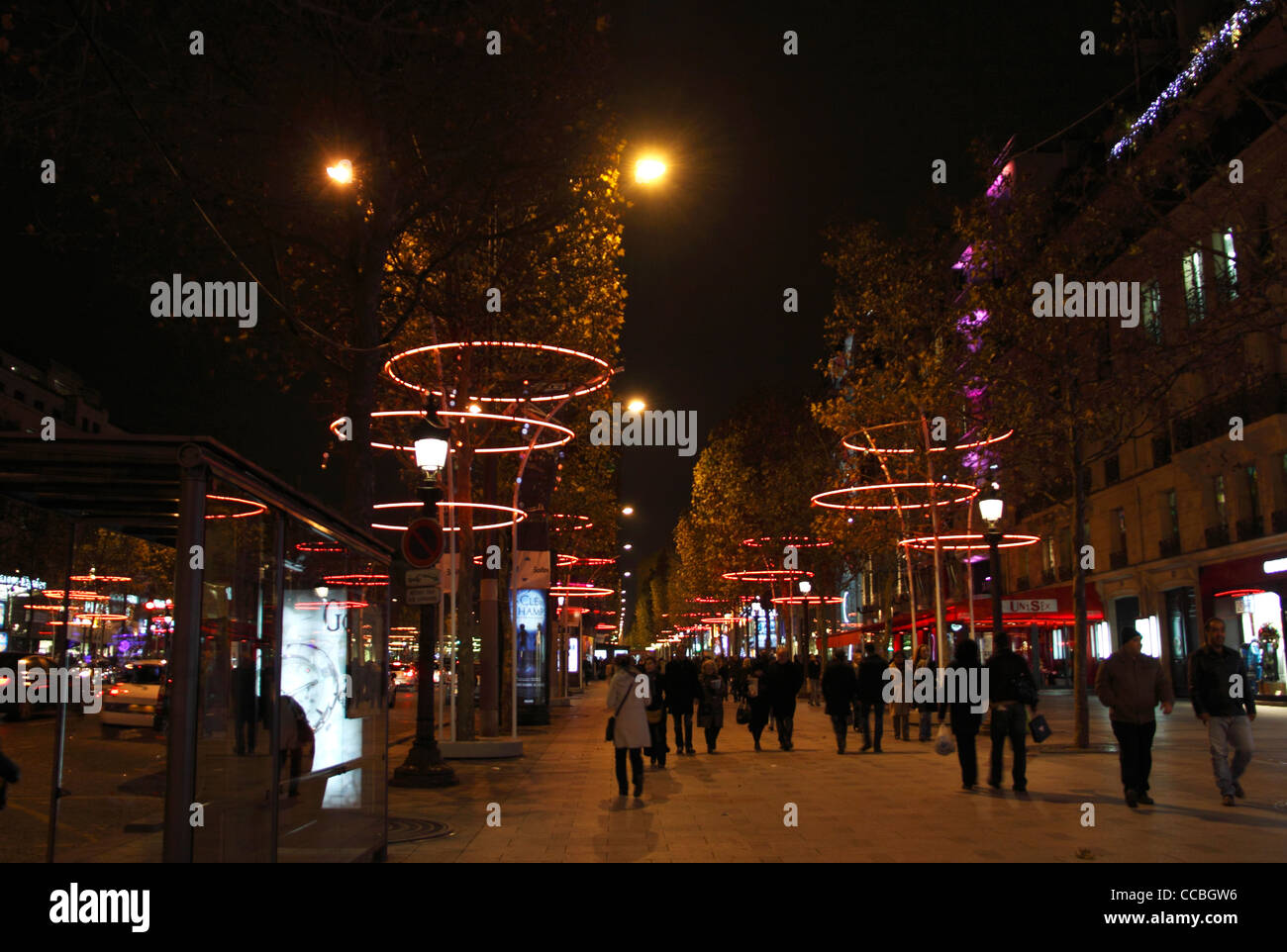 Christmas decorations by night, Champs Elysees Avenue, Paris, France Stock Photo