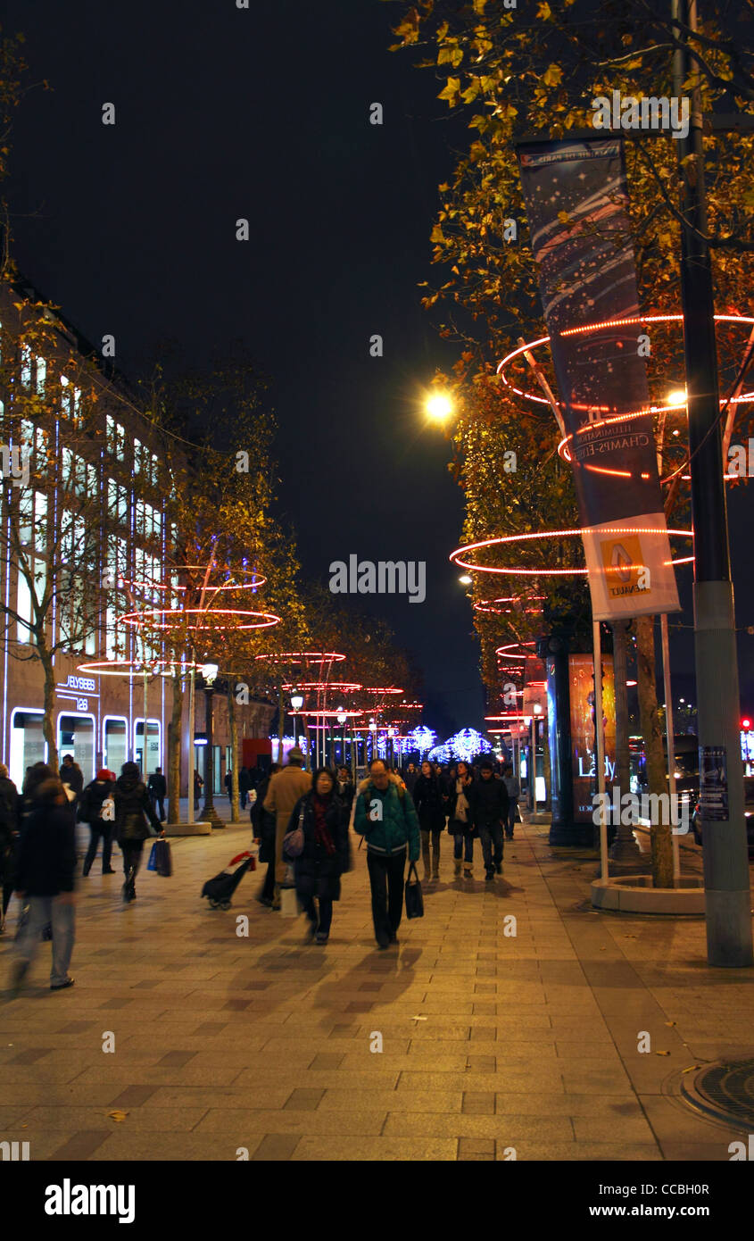 Christmas decorations by night, Champs Elysees Avenue, Paris, France Stock Photo
