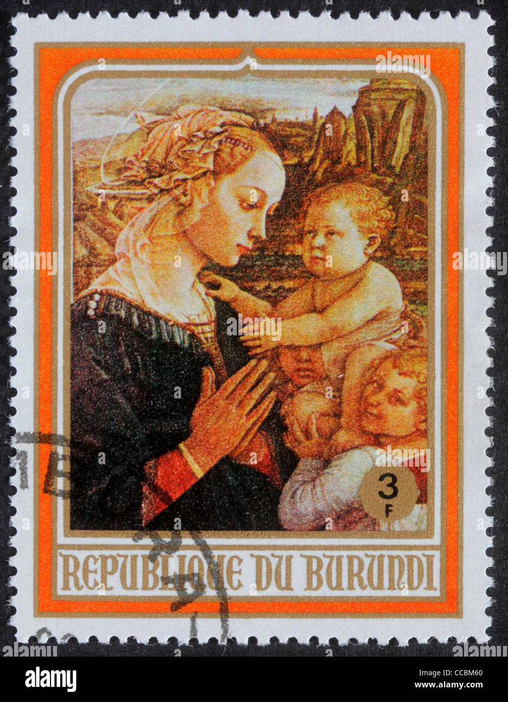 A greeting Christmas stamp printed in Burundi shows Madonna and Child, circa 1980 Stock Photo