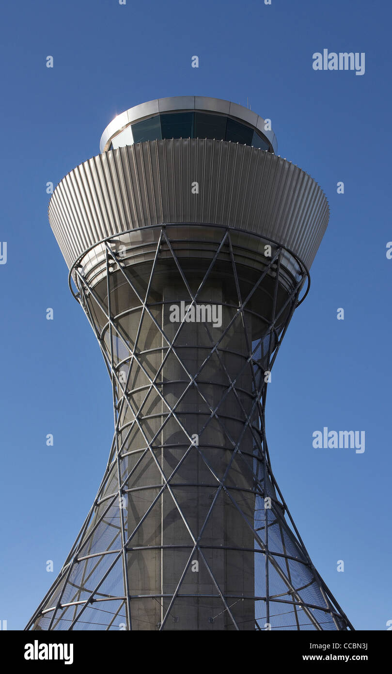 NEWCASTLE AIRPORT CONTROL TOWER SLIGHT CROP WITH DEEP BLUE SKY Stock Photo