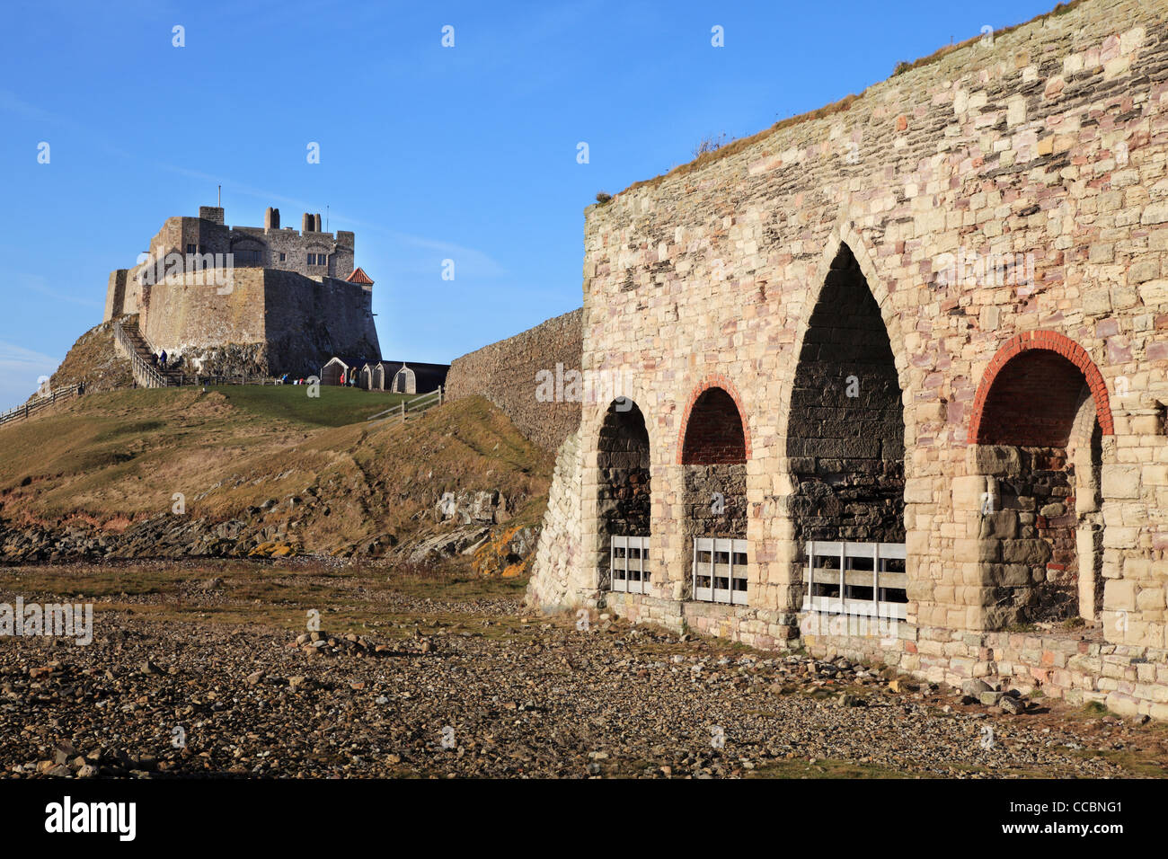 Castle Point Lime kilns and castle Holy Island, north east England UK