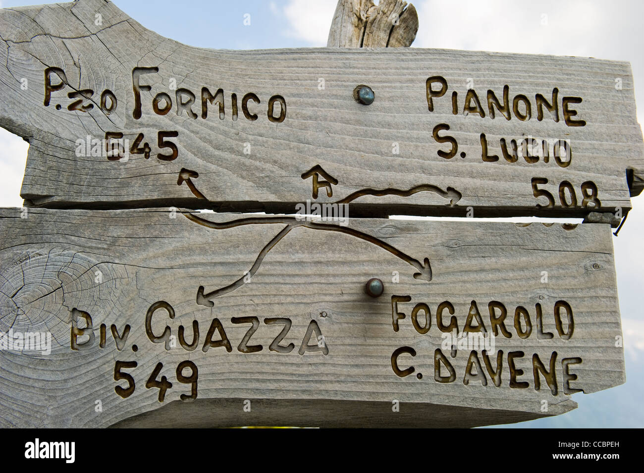 path signs, farno mountain, italy Stock Photo