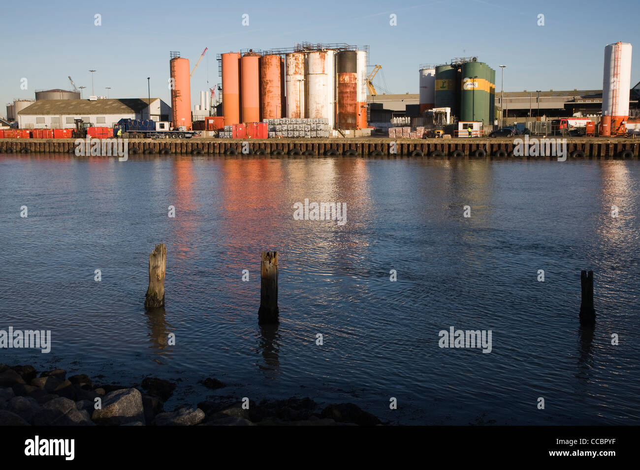 Quayside fuel chemical storage containers Great Yarmouth, England Stock