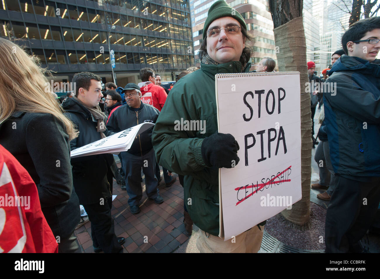 NY Tech Meetup group protest in New York over legislation concerning online piracy. Stock Photo