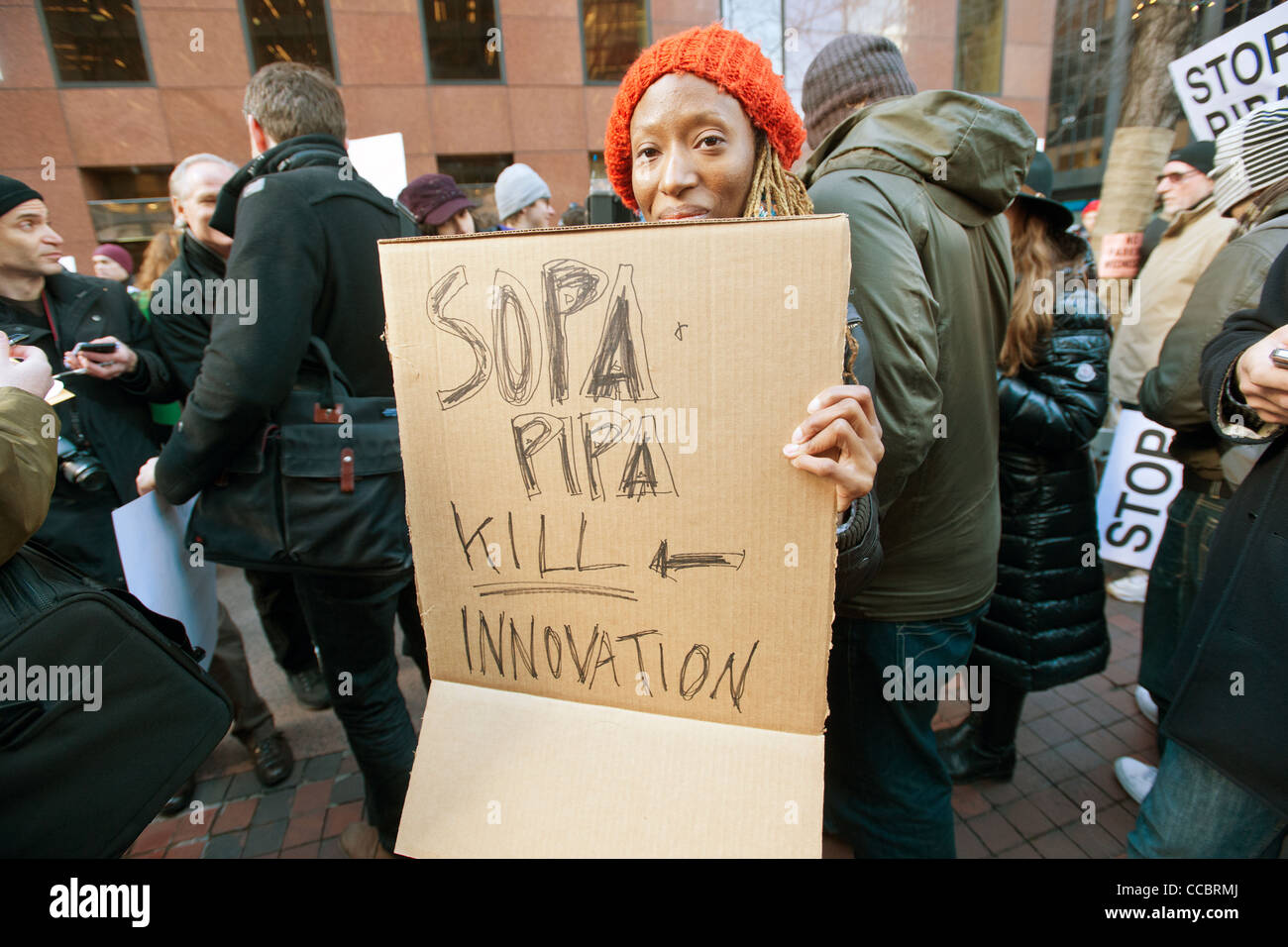 NY Tech Meetup group protest in New York over legislation concerning online piracy. Stock Photo