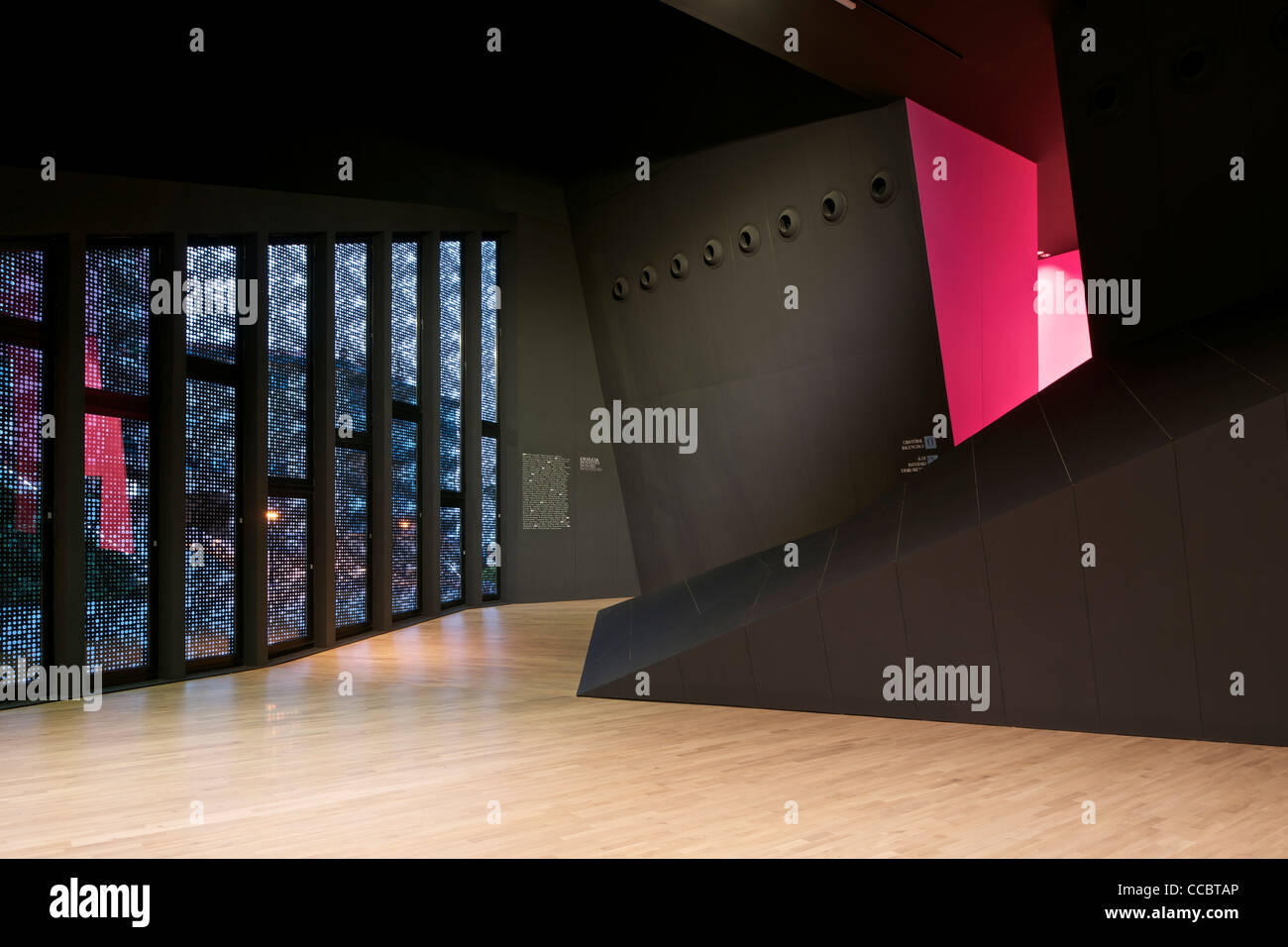 Cristobal Balenciaga Fundation Museum Getaria Basque Country Spain AV62 Arquitectos translucent wall with ramp leading toward Stock Photo