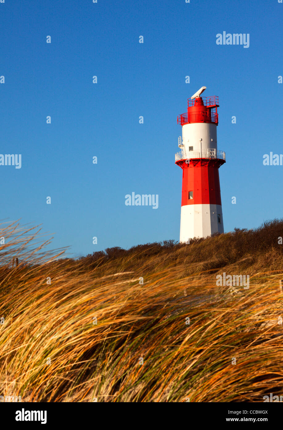 small lighthouse on the southern beach of Borkum, dune grass in foreground Stock Photo