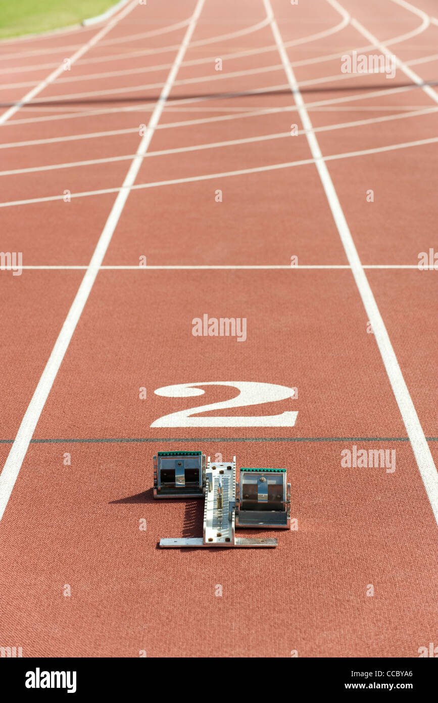 Starting block on running track Stock Photo Alamy