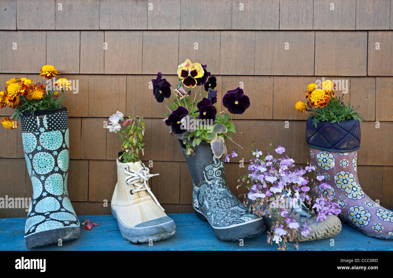Fancy flowerpots. Seward. Alaska. USA Stock Photo
