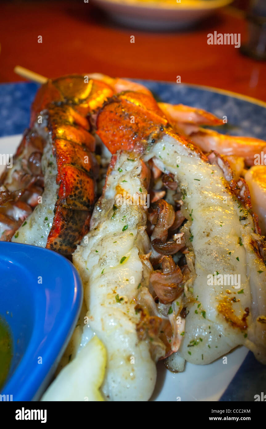 Closeup of grilled lobster tails on a plate Stock Photo