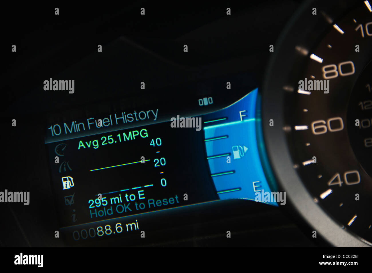 Fuel efficiency display in instrument cluster of modern car Stock Photo