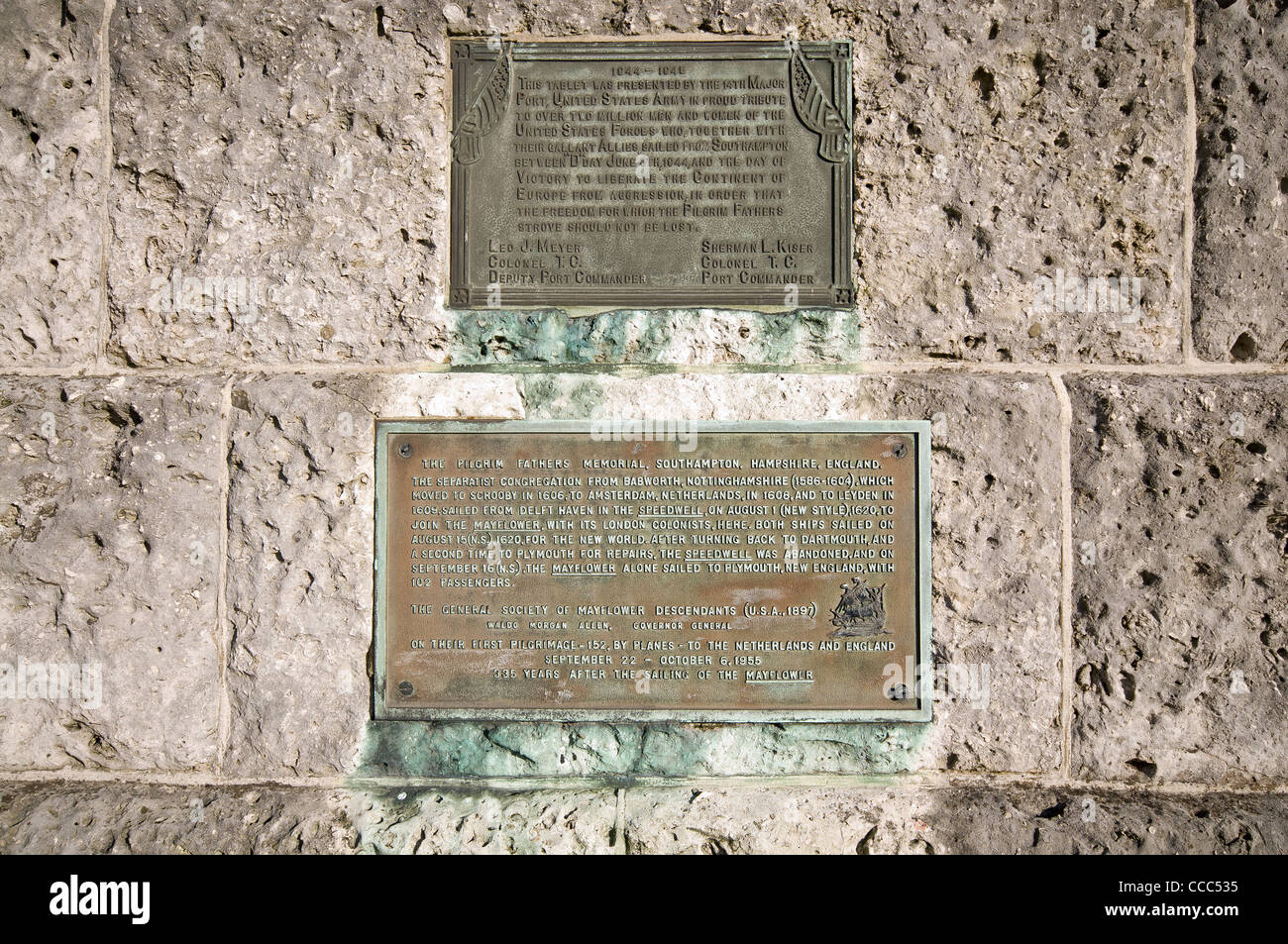 Commemorative plaques on the Mayflower Memorial on Southampton Town ...