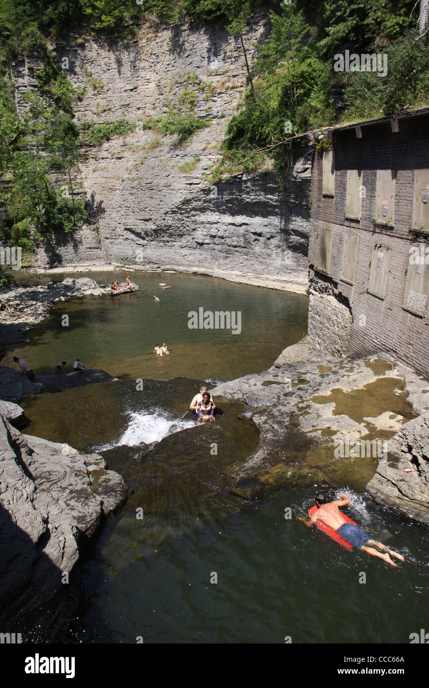 Waterfall swimming diving old mill Ithaca six mile creek Stock Photo