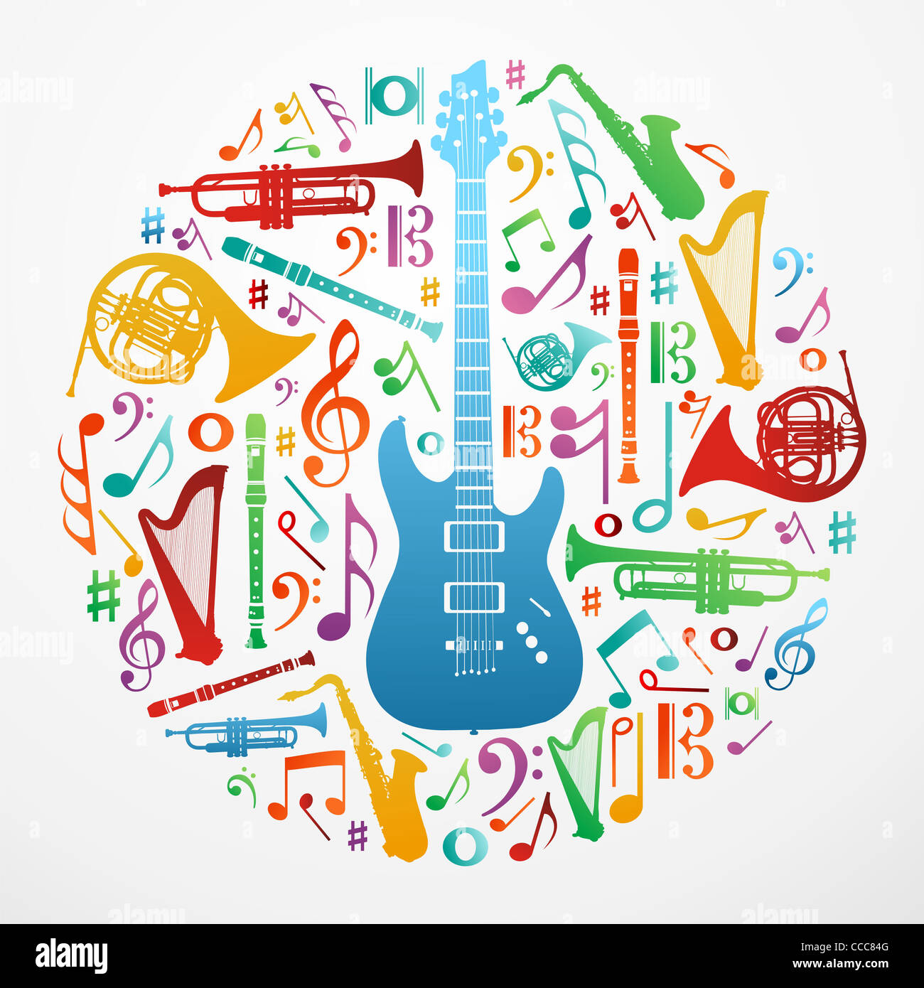Multicolored music instruments silhouette in circle shape. Vector file available. Stock Photo