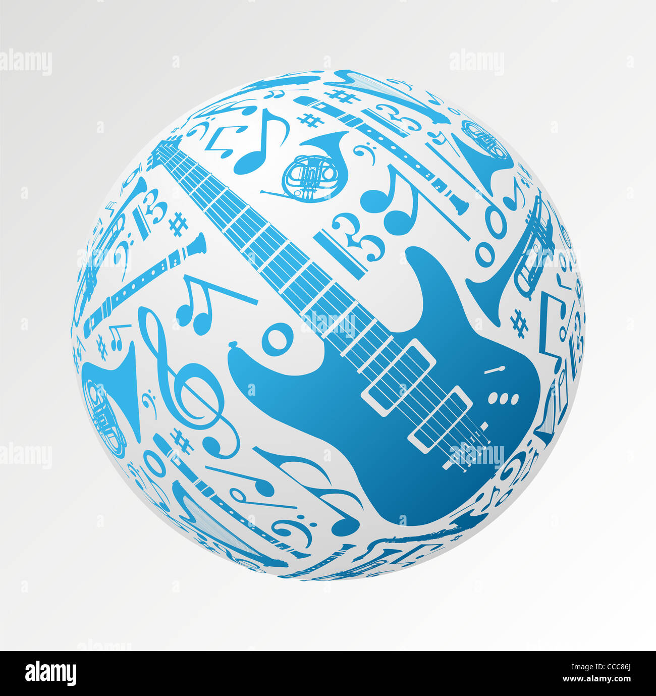 Love for music concept illustration. Music instruments set in sphere ball shape background. Vector file available. Stock Photo