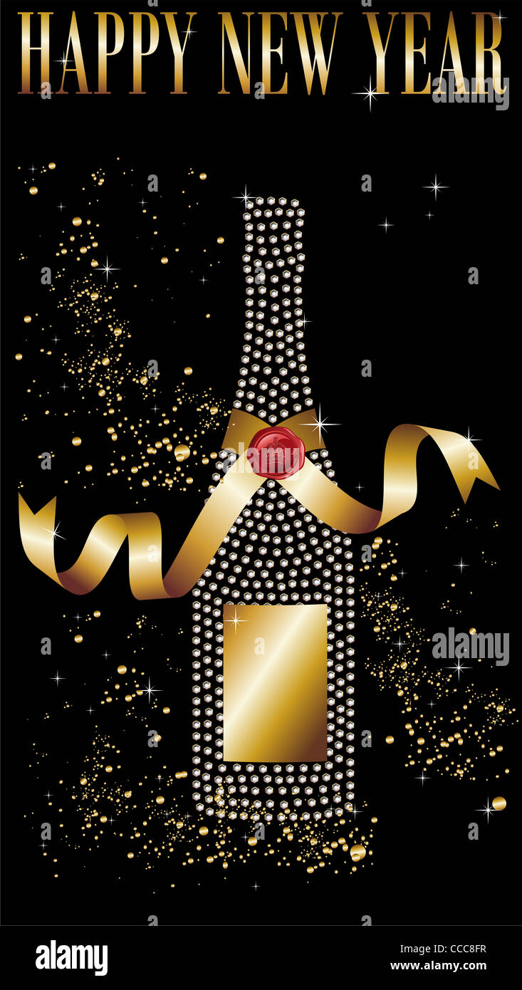 Diamond champagne bottle with gold ribbon in New Year celebration ...