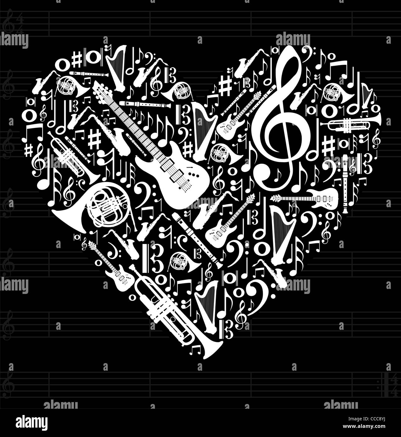 Love for music concept illustration. High contrast musical instruments icon set in heart shape background. Vector file available. Stock Photo