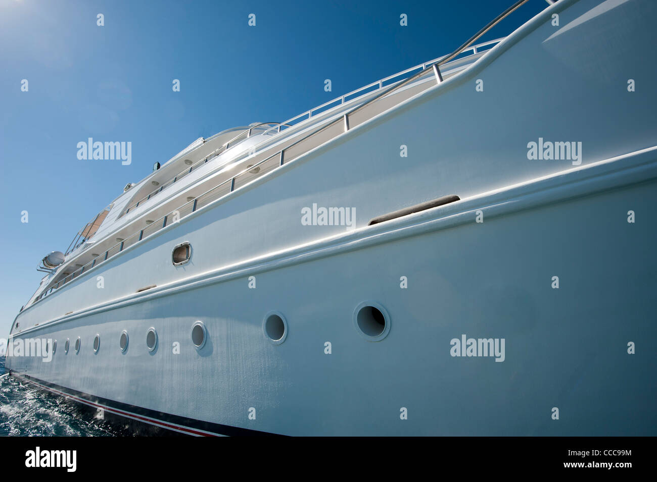 Hull of a large luxury motor yacht at sea Stock Photo