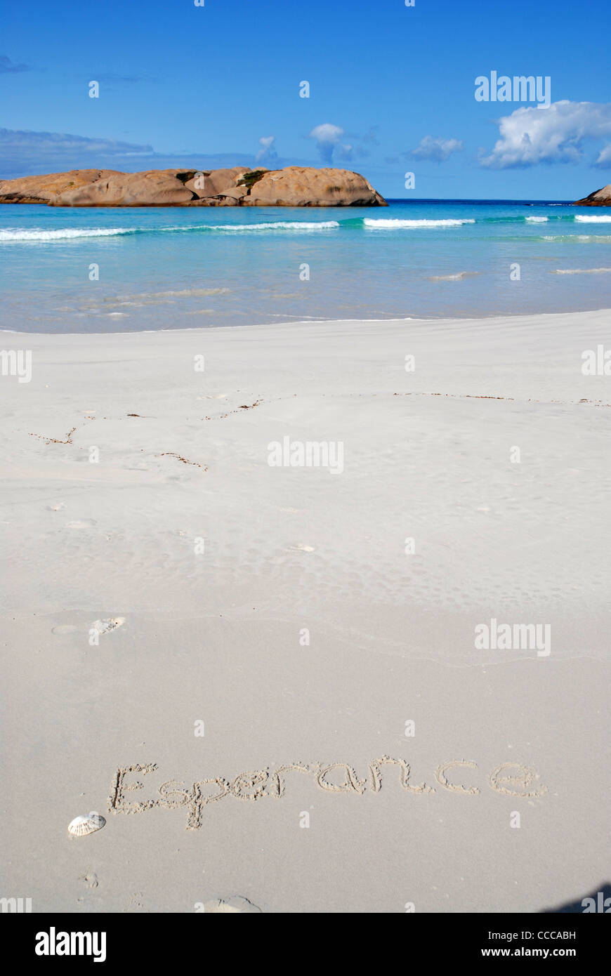 view from white sandy beach to sea with Esperance written in the sand of Twilight Beach, Esperance, Western Australia, Australia Stock Photo