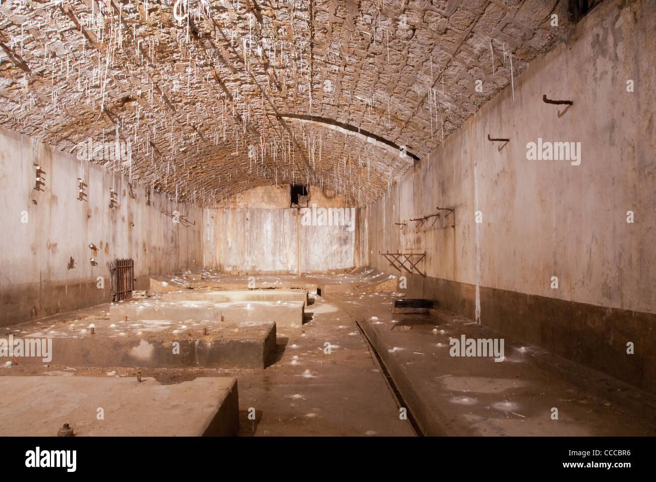 Verdun, France. Old barracks with dripstones hanging from the ceiling at Fort Douaumont, center of a ferocious campaign in WWI. Stock Photo