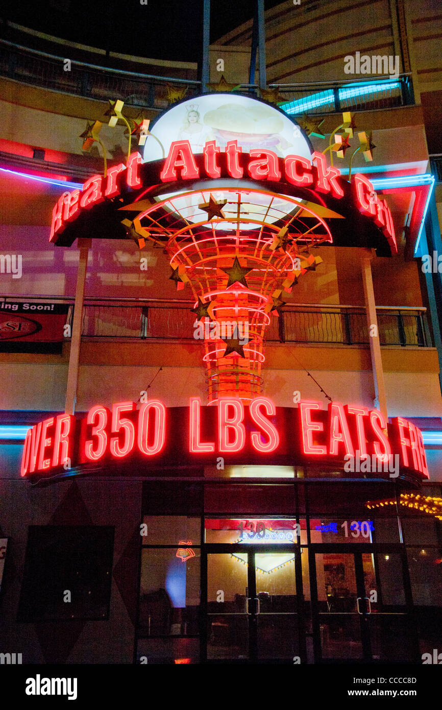Located on Fremont Street in Las Vegas, NV, the Heart Attack Grill specializes in unhealthy high-fat and high-calorie food. Stock Photo