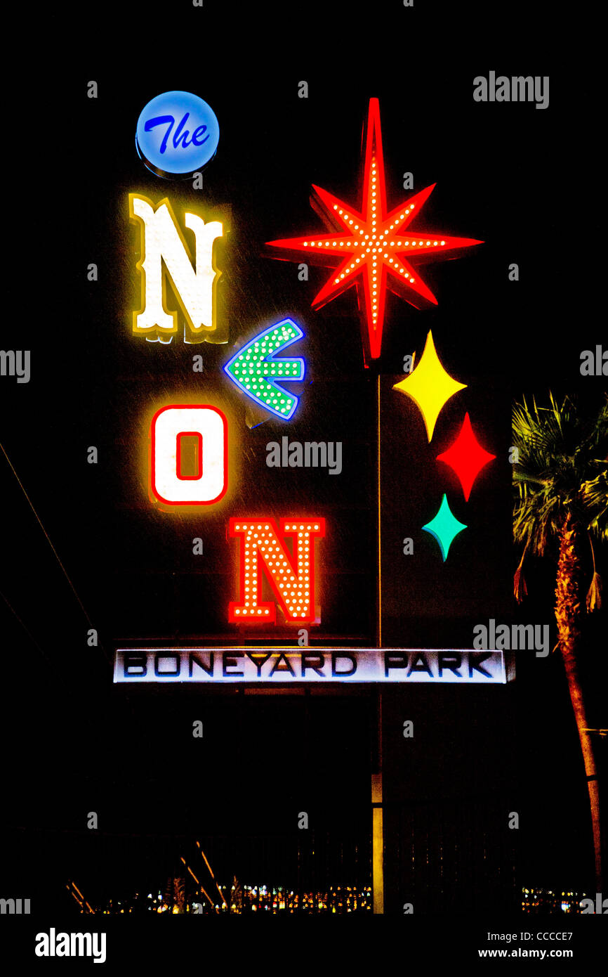 Made from famous illuminated signs, the Neon Boneyard Park on Las Vegas Boulevard in Las Vegas, NV, preserves the city's signs. Stock Photo