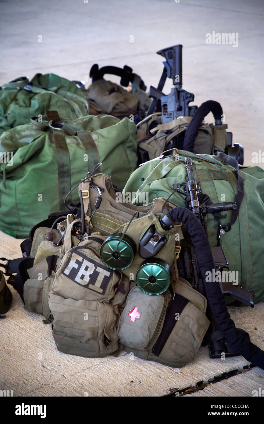 An FBI SWAT (Special Weapons and Tactics) team's equipment is ready for a practice session at a 'Live Fire Kill House' in CA. Stock Photo