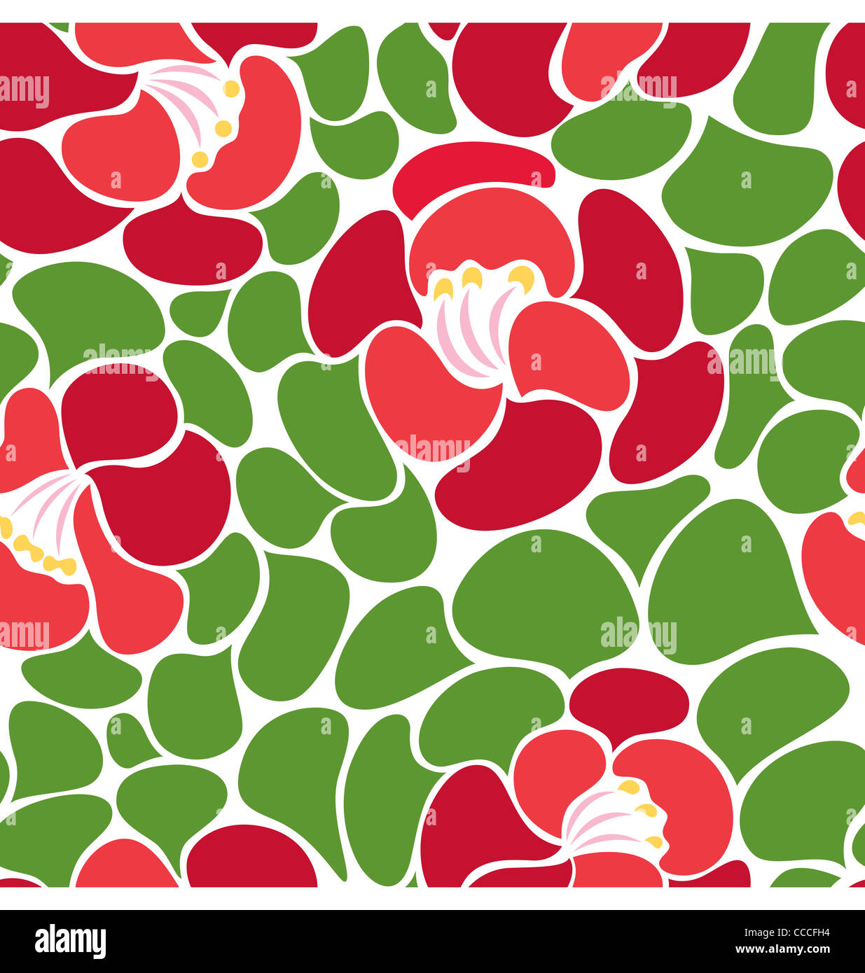 A seamless pattern of red blooming flowers and leaf filling up the ...