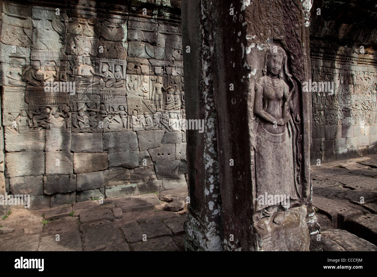 Art decorations and bas-reliefs, Bayon temple, Angkor Thom, Angkor area, Siem Reap, Cambodia, Asia Stock Photo