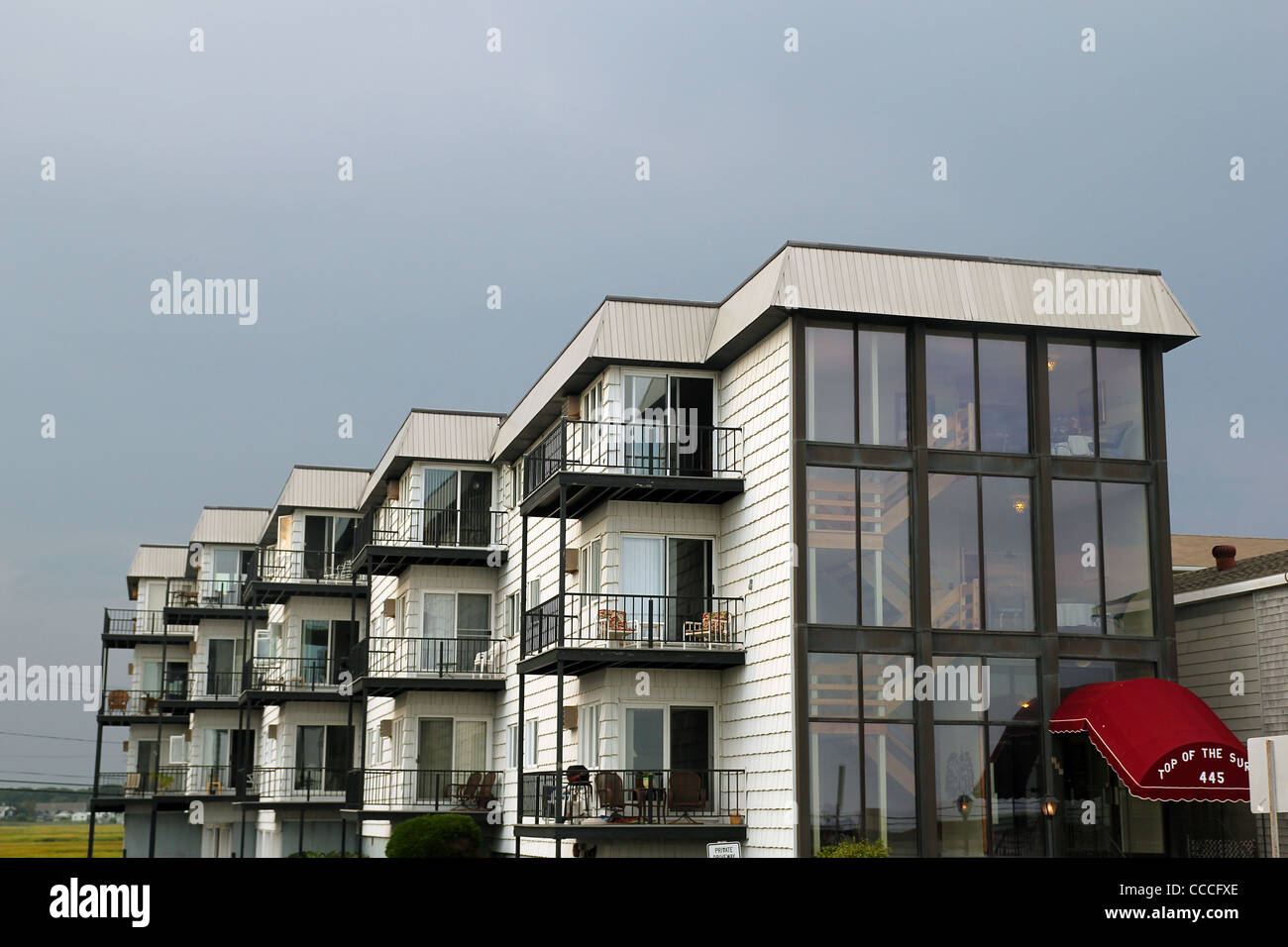 Balconies in a lodging in the seaside vacation community of Hampton Beach, New Hampshire, United States Stock Photo