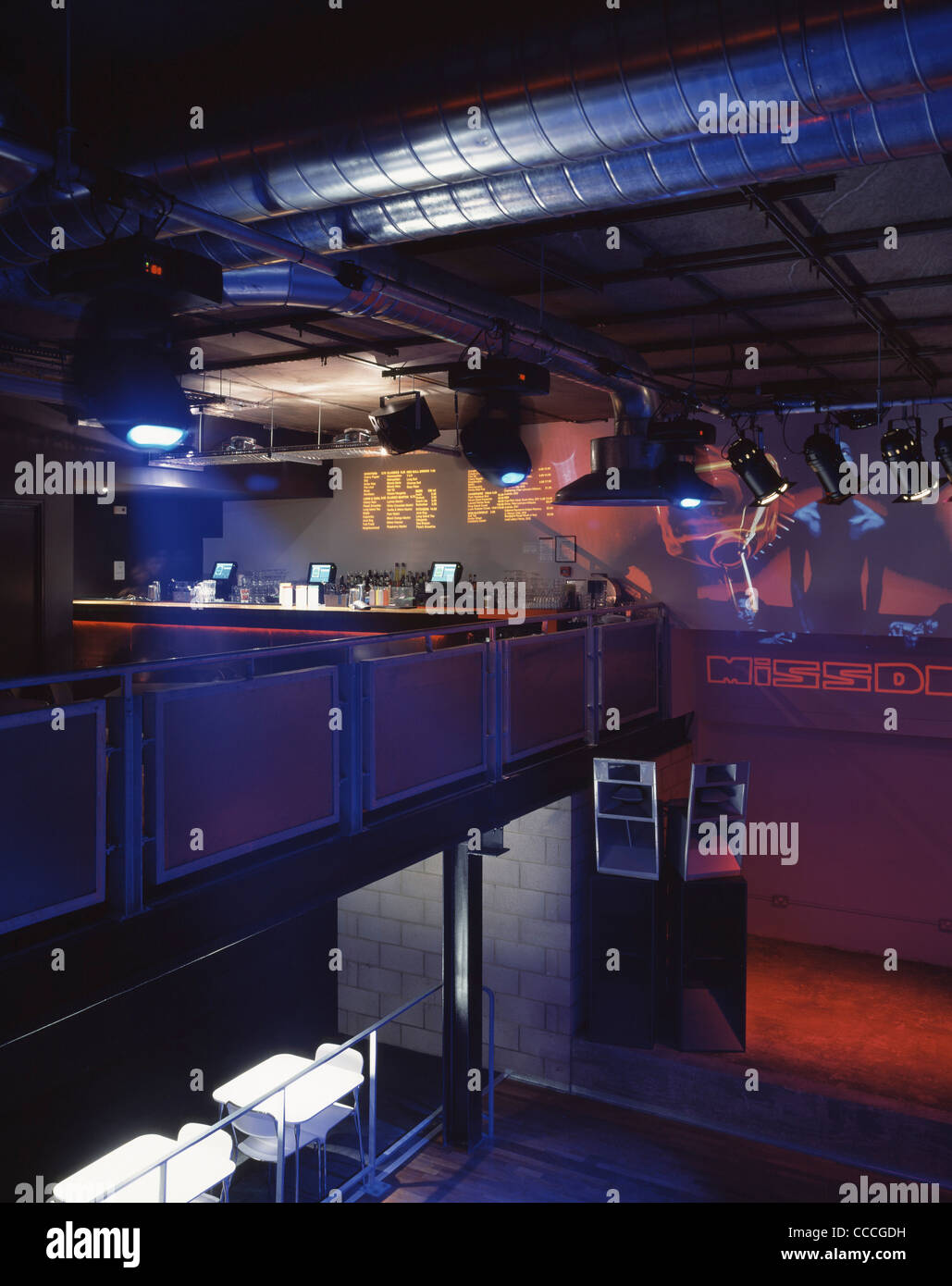 neighbourhood club mid level view showing mezzanine level bar and stage Stock Photo