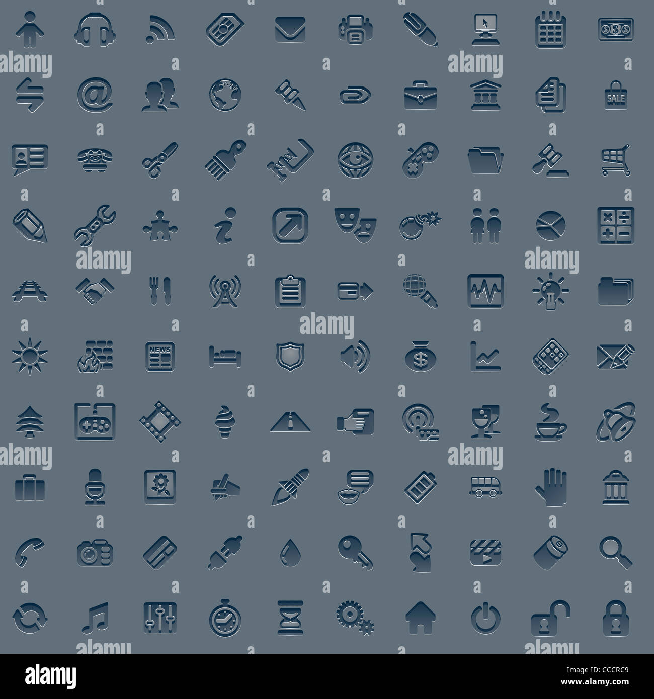 A set of 100 embossed style web icons for all your internet, interface or app needs Stock Photo