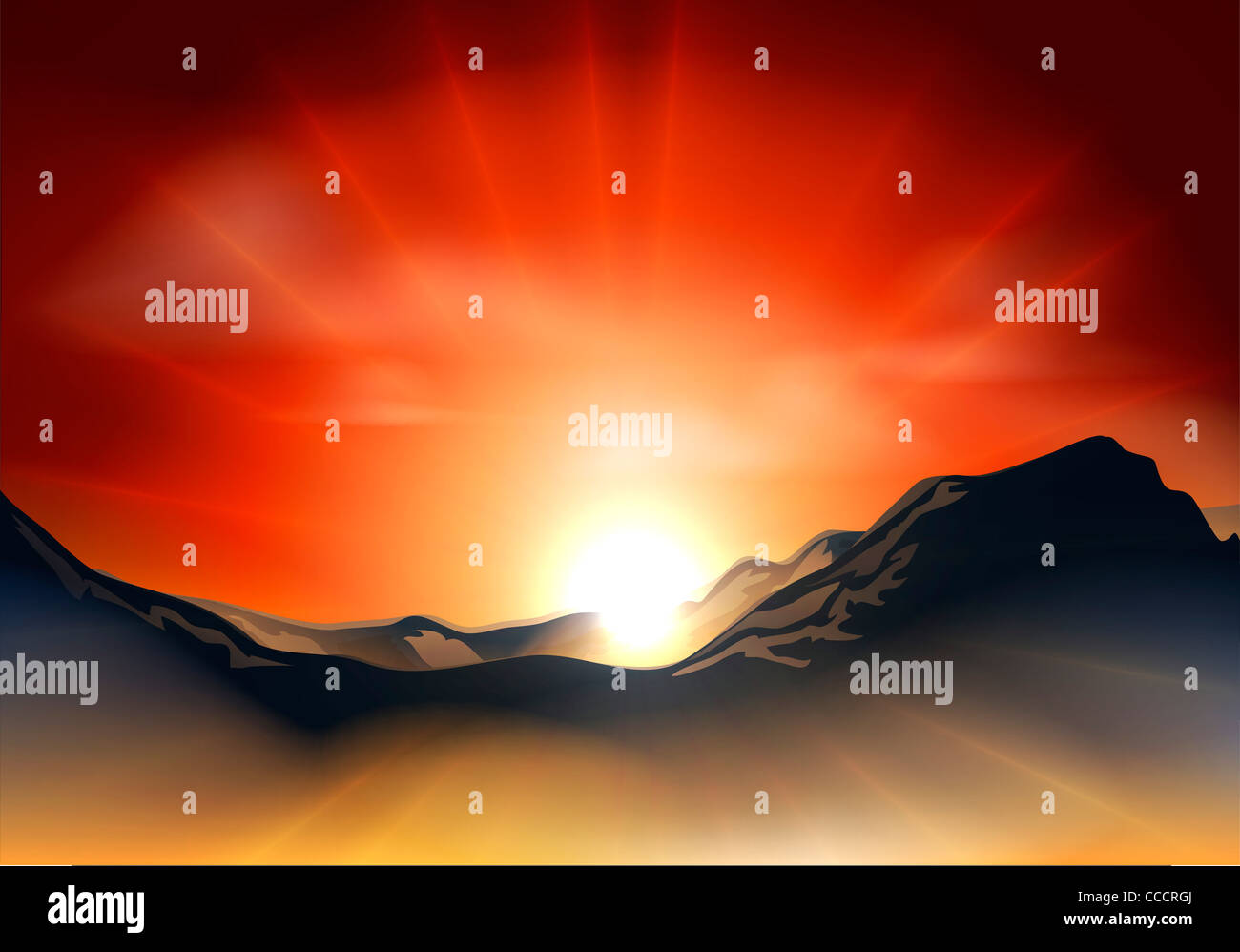 Illustration of landscape with sunrise or sunset over a mountain range ...