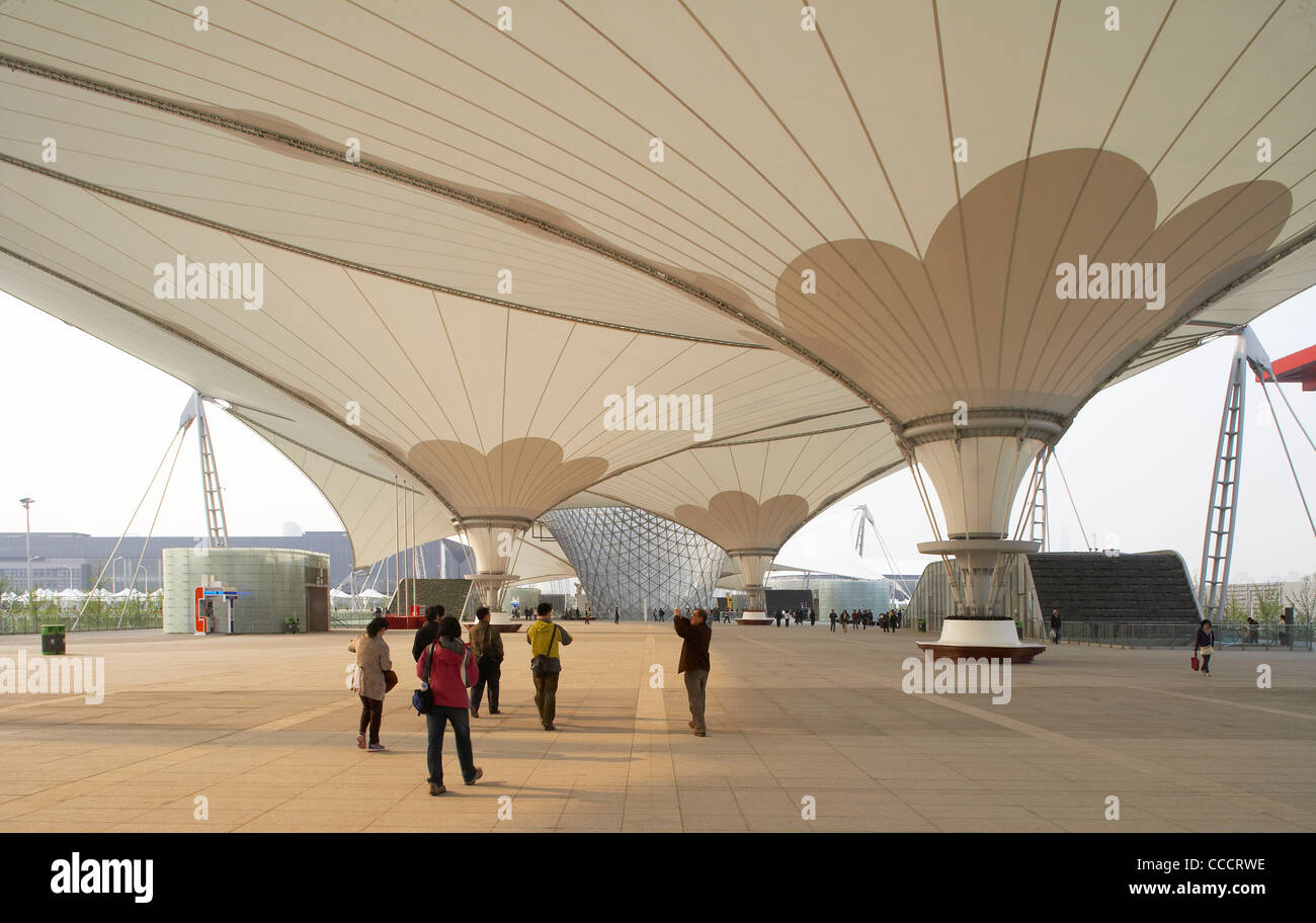 World Expo 2010 Shanghai China. Exterior General View From Under A Huge Canvas Canopy Shanghai  Architect Unknown Stock Photo