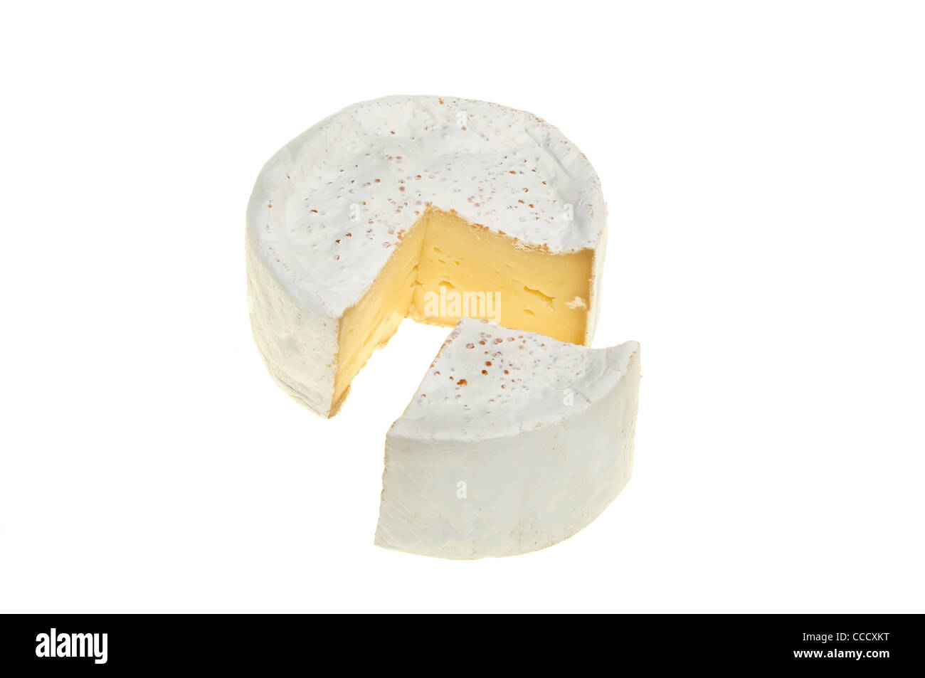 Round of camembert cheese with a segment cut out could be used as a pie chart Stock Photo