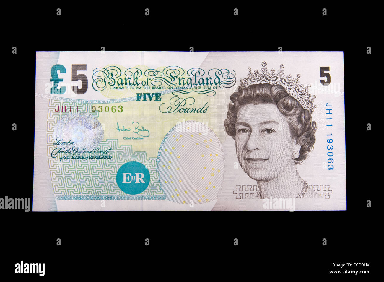 The front of a modern English five pound note. Stock Photo
