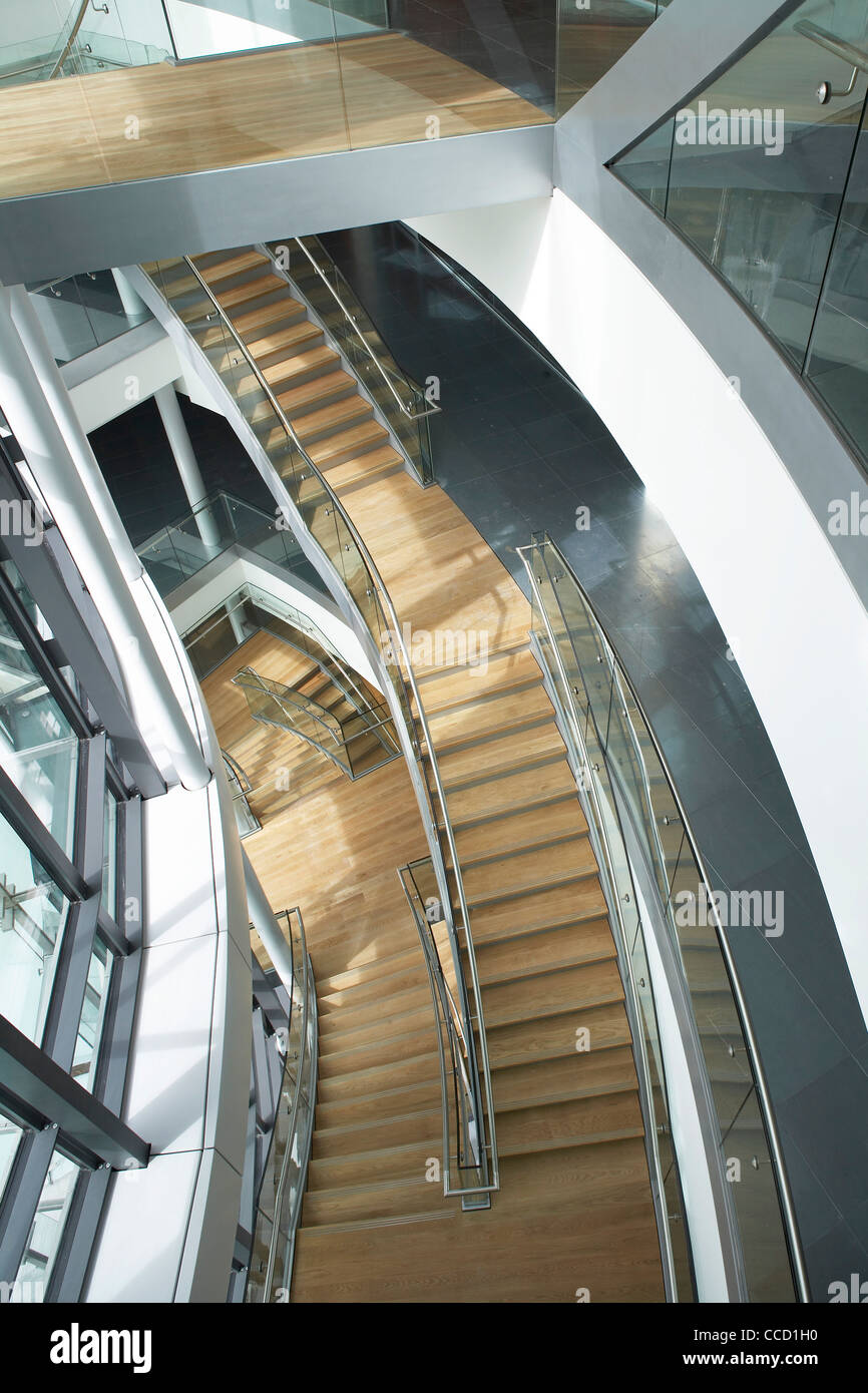 BBC BROADCASTING HOUSE - PHASE 2, ID:SR/SHEPPARD ROBSON, LONDON, 2010, ELEVATED VIEW OF STAIRCASES Stock Photo