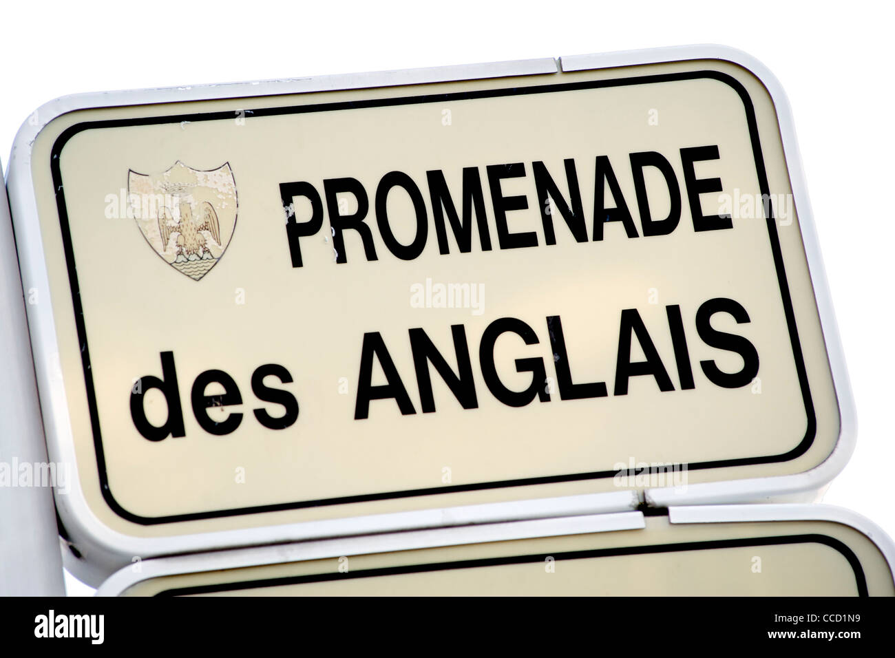 Sign for the Promenade Des Anglais in Nice on the Mediterranean coast in southern France. Stock Photo