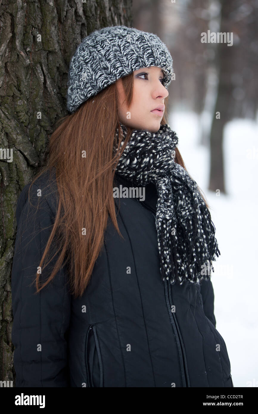 Girl for a walk in the park in the winter Stock Photo - Alamy
