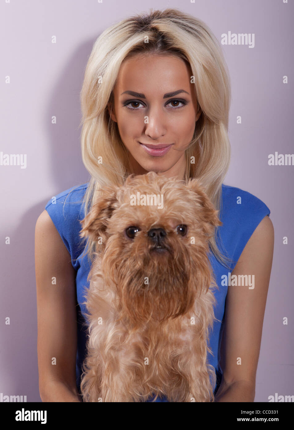 Young woman with a dog breed Griffon Bruxellois Stock Photo