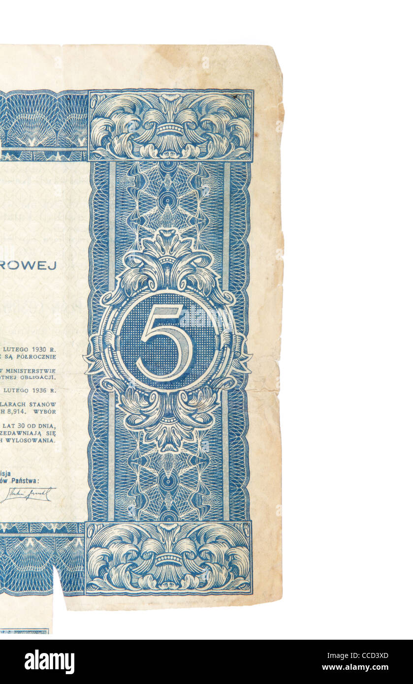 fragment of the old obligation, isolated on white Stock Photo