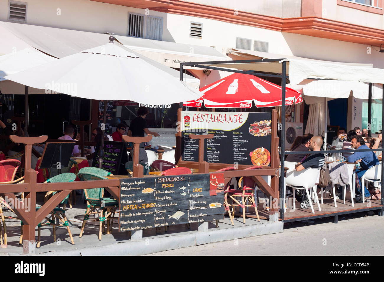 Spanish restaurant on the street of Tarifa, Costa de la Luz, Cadiz, Andalusia, Spain. Stock Photo