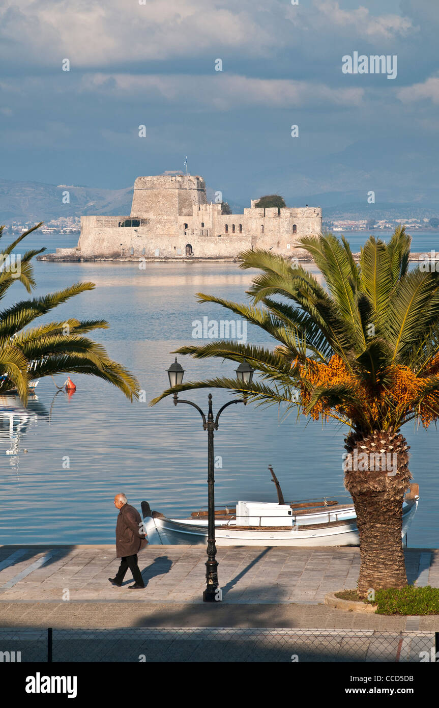 The harbour at Nafplio with the Bourtzi island and fort in the background, Argolid, Peloponnese, Greece. Stock Photo