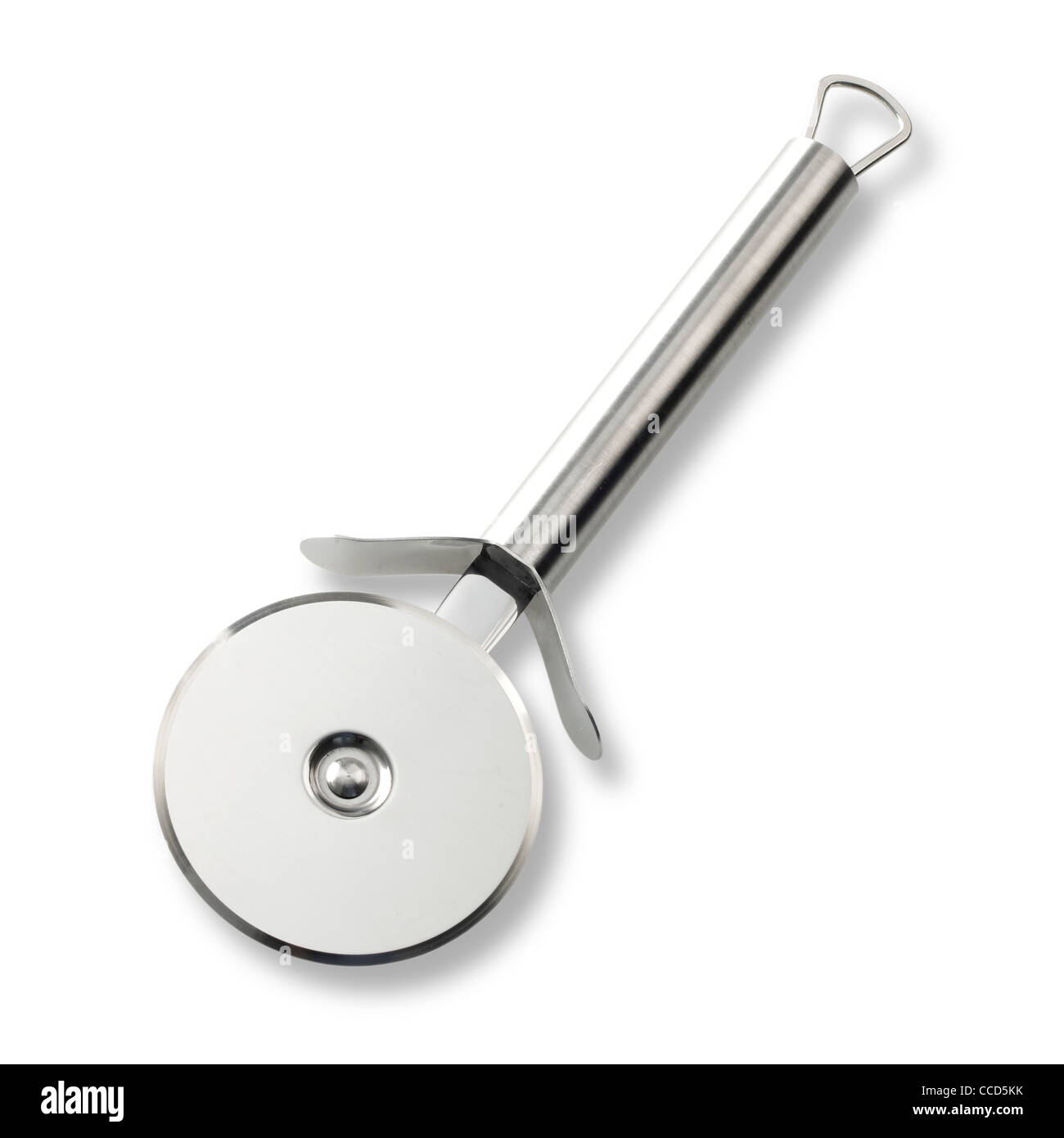 A still life shot of a stainless steel kitchen implement or pizza cutter on a white background with shadow Stock Photo