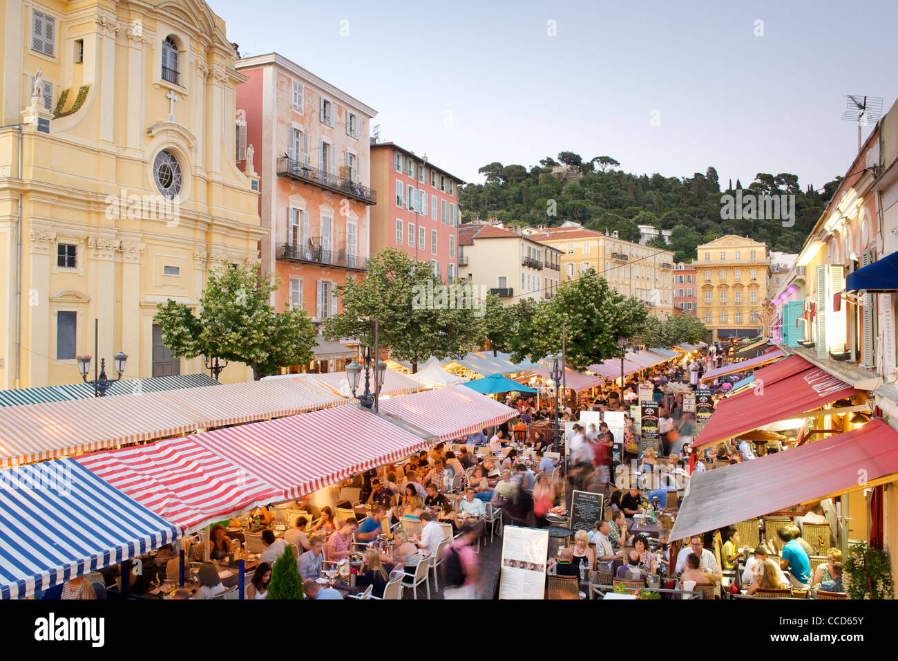 Dusk view of the Cours Saleya, a cornucopia of open air cafés and a fresh produce market in Nice on France's Mediterranean coast Stock Photo