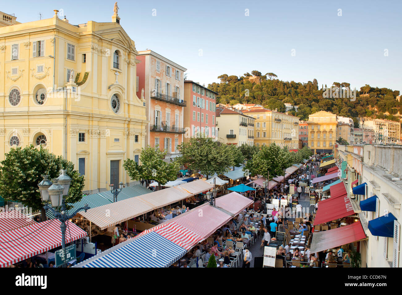Dusk view of the Cours Saleya, a cornucopia of open air cafés and a fresh produce market in Nice on France's Mediterranean coast Stock Photo