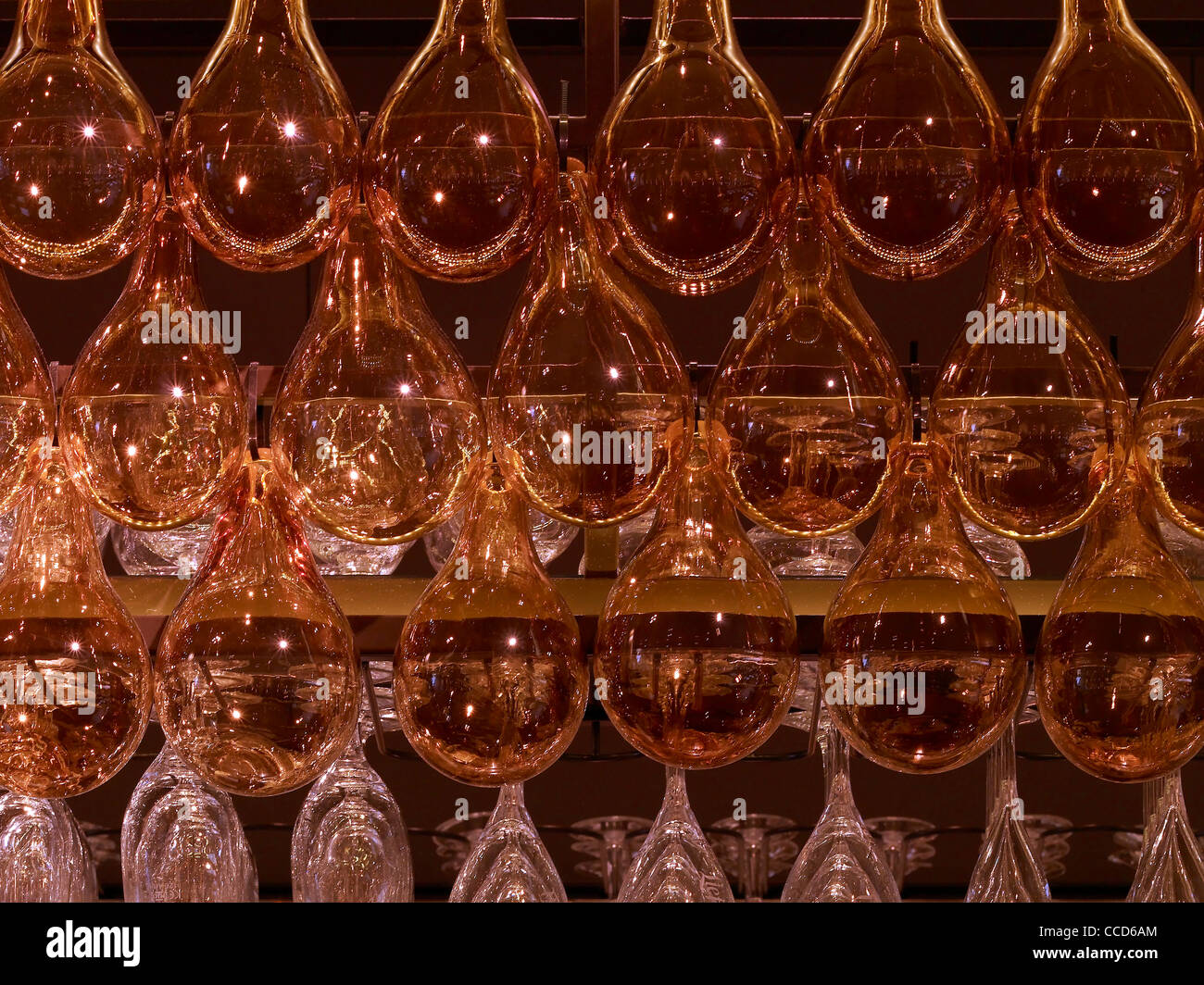 bar detail, glasses - Cafe Luc - European Grand Cafe; a stylish and vibrant brasserie. Stock Photo