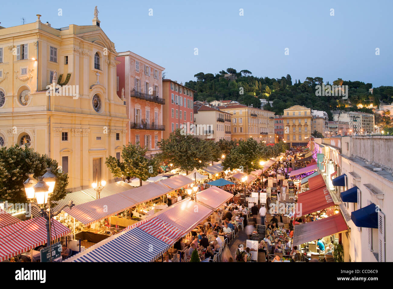 Dusk view of the Cours Saleya, a cornucopia of open air cafés and a fresh produce market in Nice on France's Mediterranean coast Stock Photo